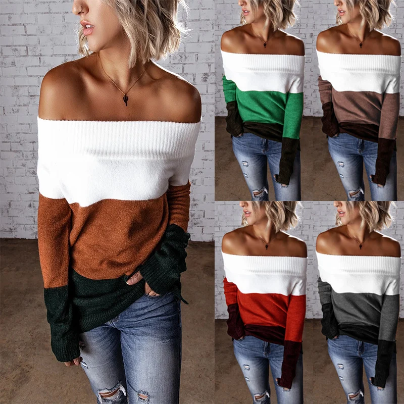 Damen Schulterfreier Colorblock-Strickpullover mit Umschlagkragen Nord Taschen