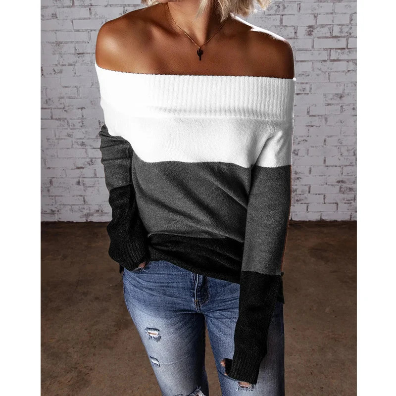 Damen Schulterfreier Colorblock-Strickpullover mit Umschlagkragen Nord Taschen