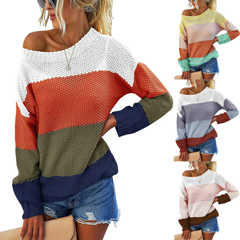 Damen Schulterfreier Blockstreifen-Strickpullover mit Waffelstruktur und Oversize-Schnitt Nord Taschen