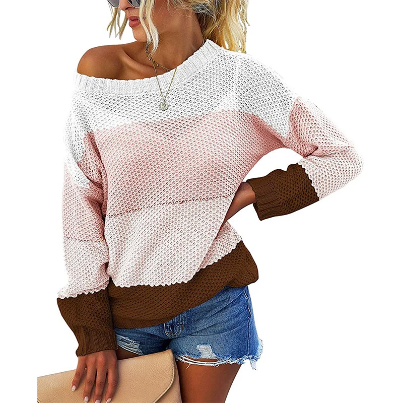 Damen Schulterfreier Blockstreifen-Strickpullover mit Waffelstruktur und Oversize-Schnitt Nord Taschen