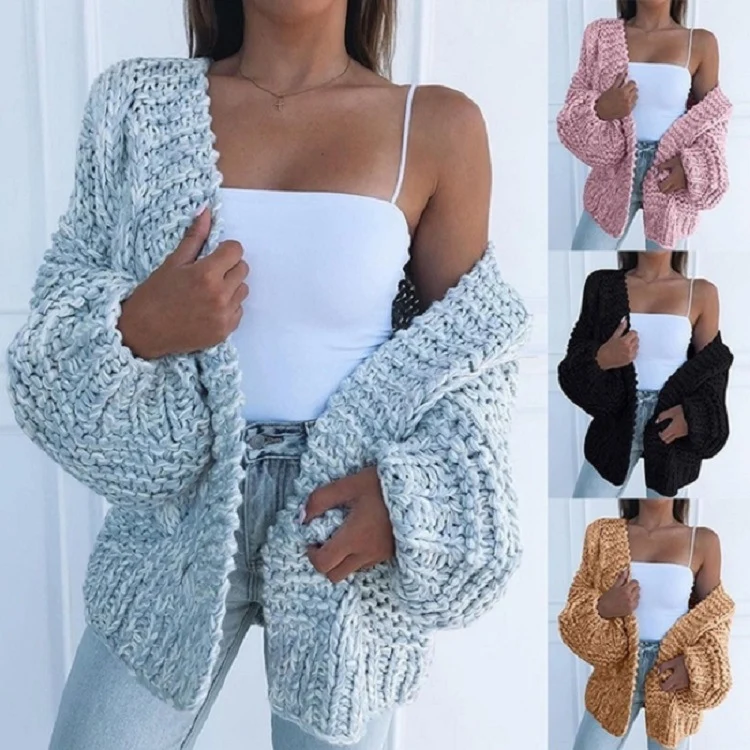 Damen Oversized Grobstrick-Cardigan mit Balloon-Ärmeln und offener Front Nord Taschen