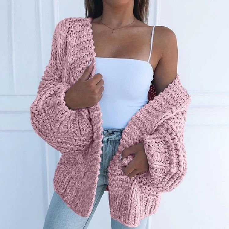 Damen Oversized Grobstrick-Cardigan mit Balloon-Ärmeln und offener Front Nord Taschen