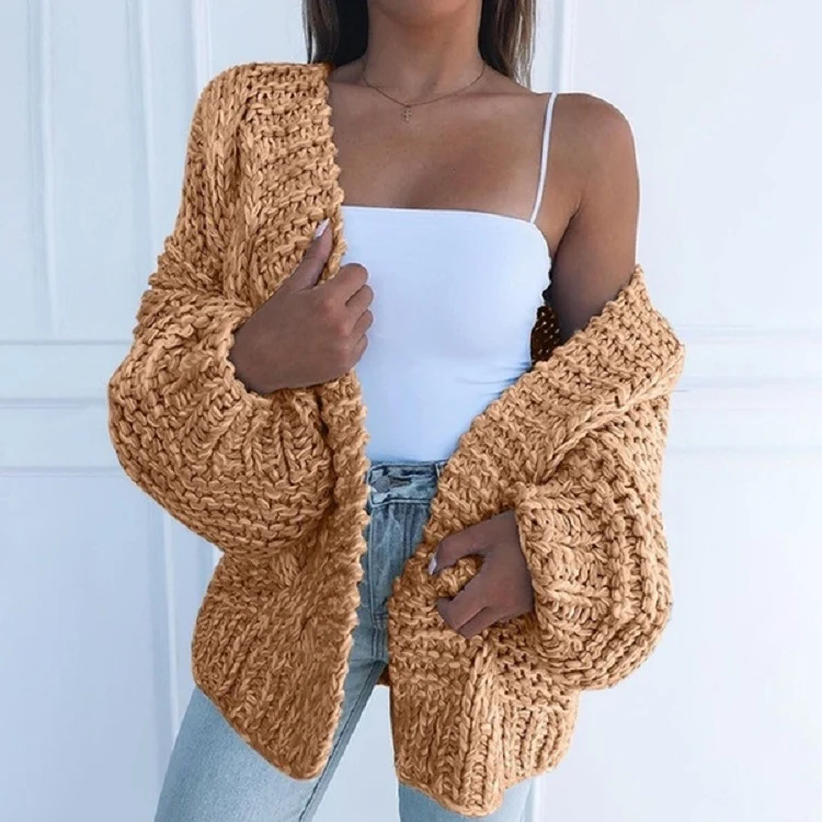 Damen Oversized Grobstrick-Cardigan mit Balloon-Ärmeln und offener Front Nord Taschen