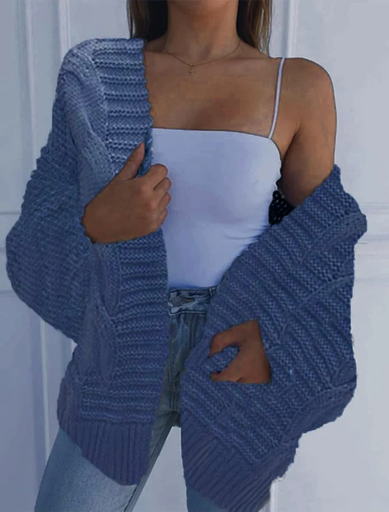 Damen Oversized Grobstrick-Cardigan mit Balloon-Ärmeln und offener Front Nord Taschen