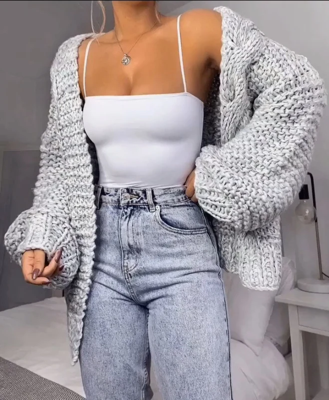 Damen Oversized Grobstrick-Cardigan mit Balloon-Ärmeln und offener Front Nord Taschen