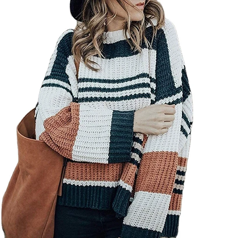 Damen Oversize Waffelstrick-Pullover mit Blockstreifen und überschnittenen Schultern Nord Taschen