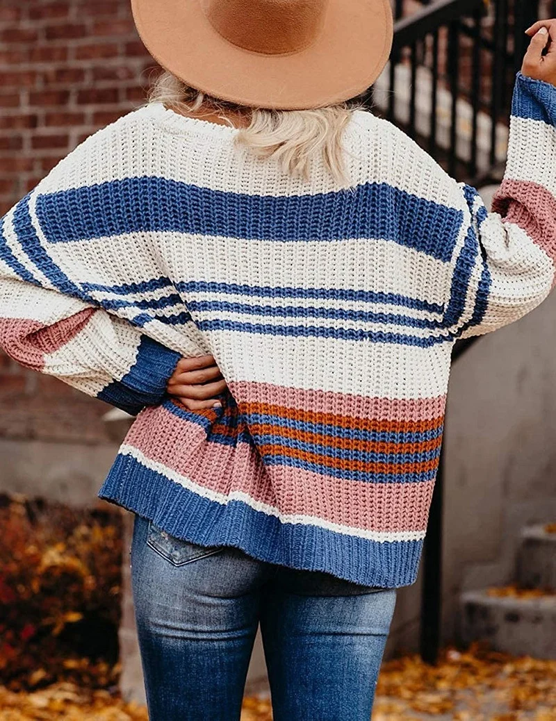 Damen Oversize Waffelstrick-Pullover mit Blockstreifen und überschnittenen Schultern Nord Taschen