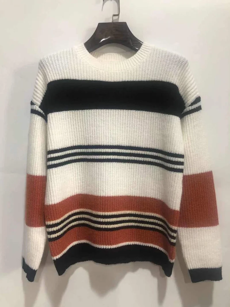 Damen Oversize Waffelstrick-Pullover mit Blockstreifen und überschnittenen Schultern Nord Taschen