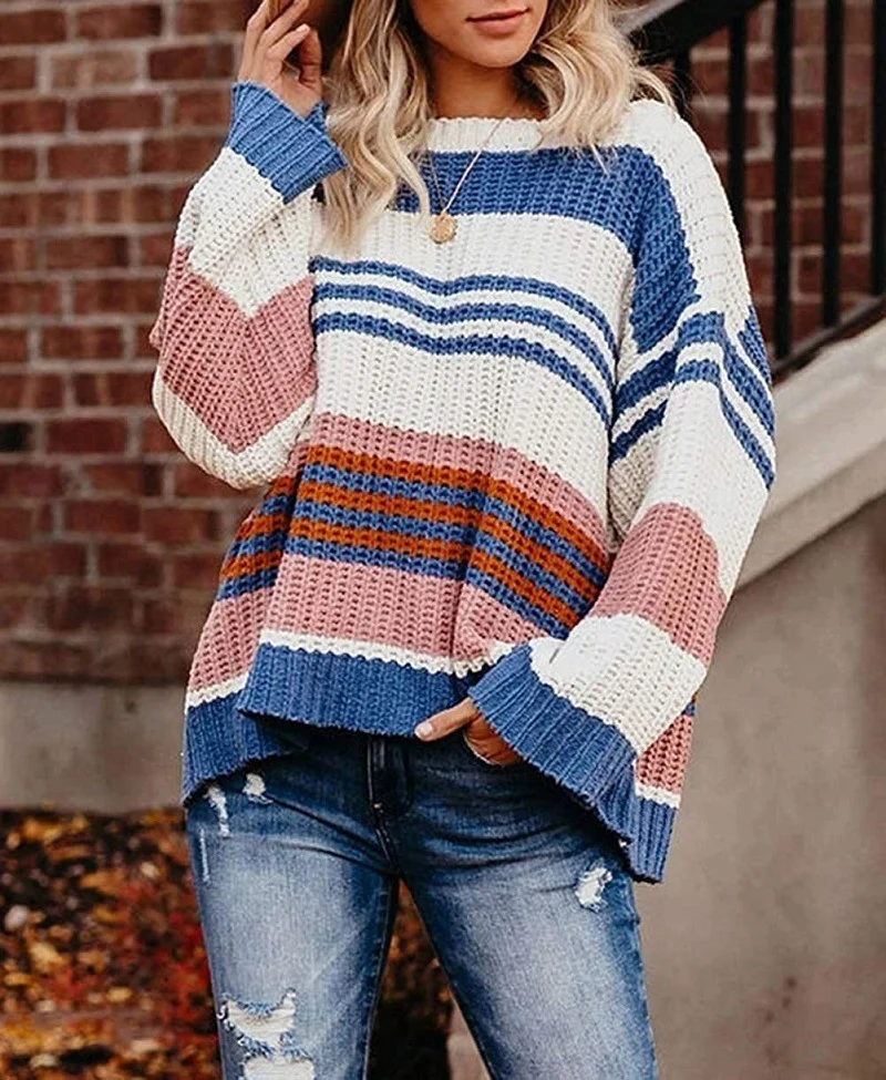 Damen Oversize Waffelstrick-Pullover mit Blockstreifen und überschnittenen Schultern Nord Taschen