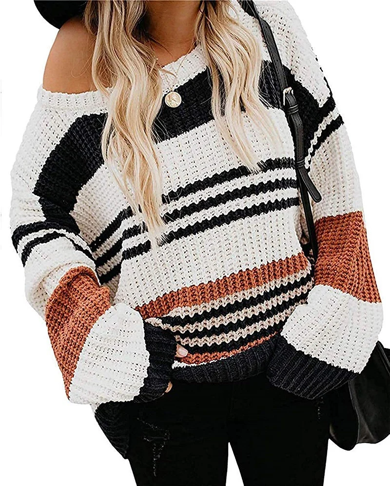 Damen Oversize Waffelstrick-Pullover mit Blockstreifen und überschnittenen Schultern Nord Taschen