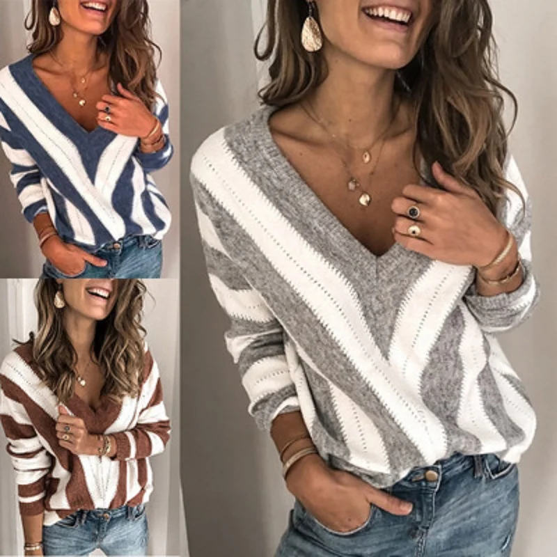 Damen Oversize V-Ausschnitt-Pullover mit Chevron-Intarsie und Ajourstrick Nord Taschen