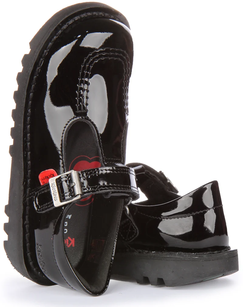 Kickers Kick T Velcro Patent In Black Patent For Girls