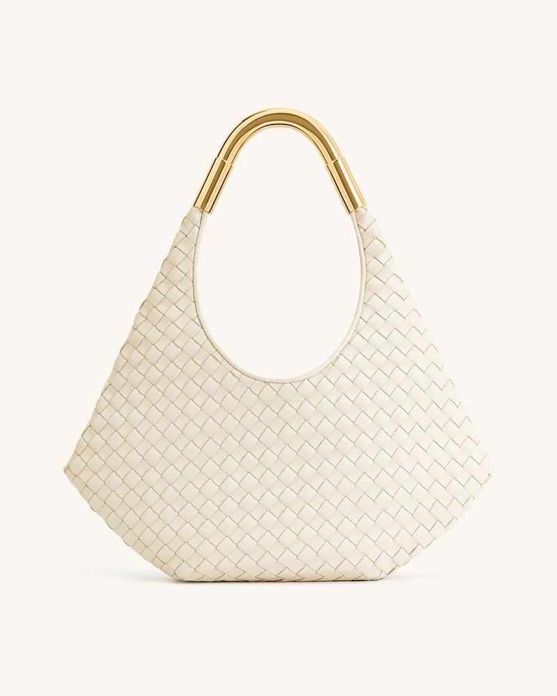 Olivia Handgeflochtene Hobo-Tasche mit Metallgriff – Weiß