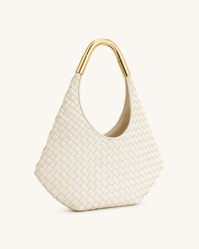 Olivia Handgeflochtene Hobo-Tasche mit Metallgriff – Weiß