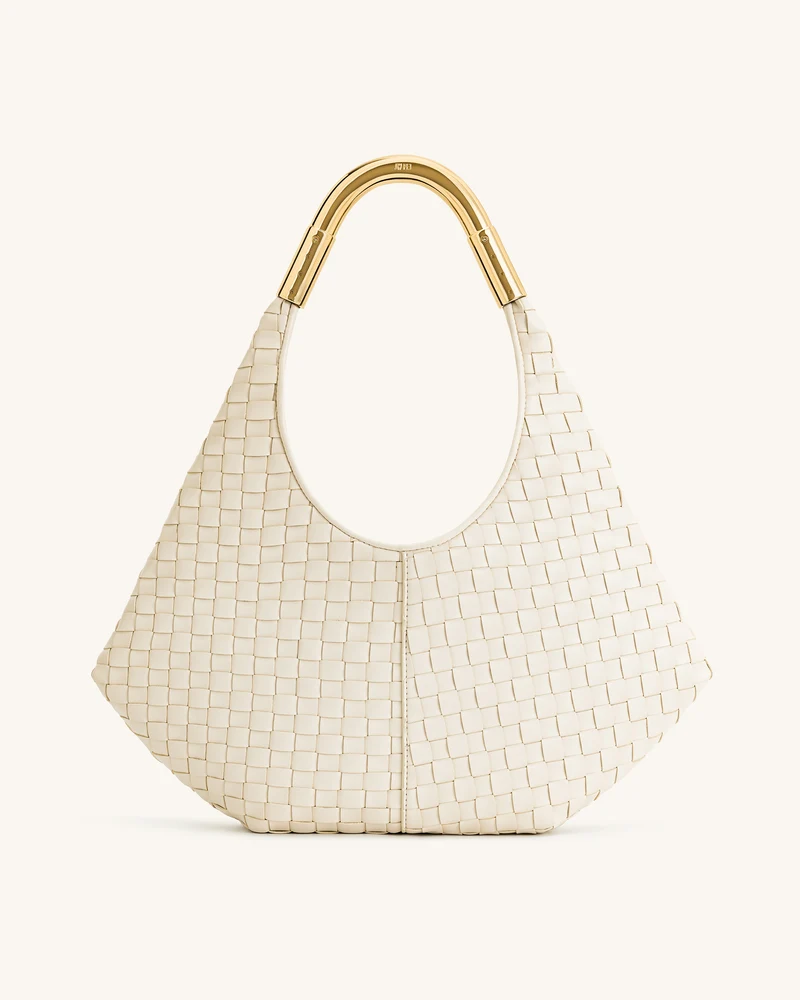Olivia Handgeflochtene Hobo-Tasche mit Metallgriff – Weiß