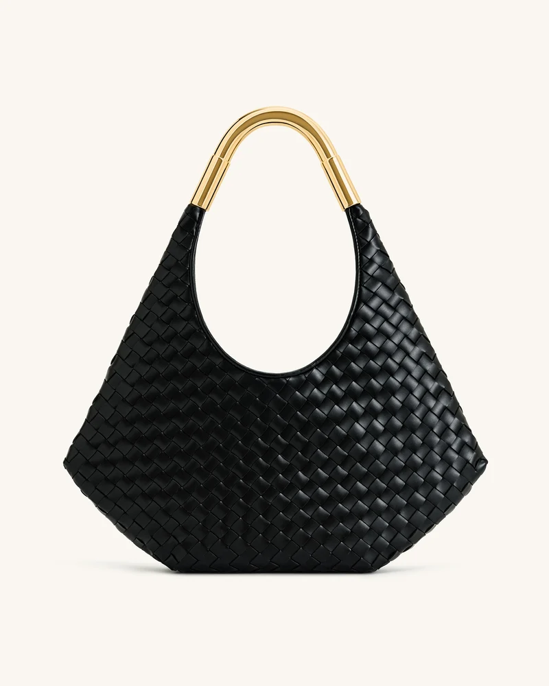 Olivia Handgeflochtene Hobo-Tasche mit Metallgriff – Schwarz