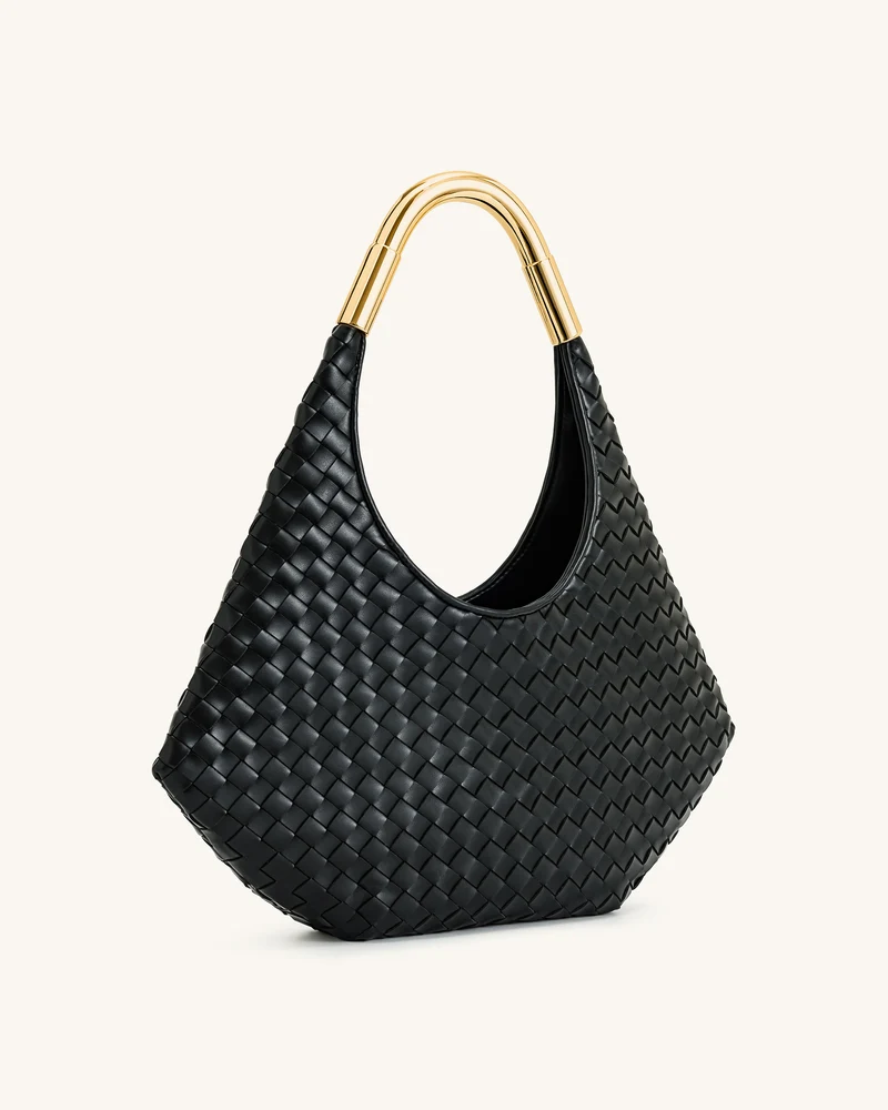 Olivia Handgeflochtene Hobo-Tasche mit Metallgriff – Schwarz