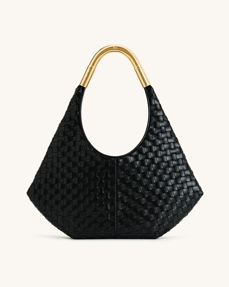 Olivia Handgeflochtene Hobo-Tasche mit Metallgriff – Schwarz