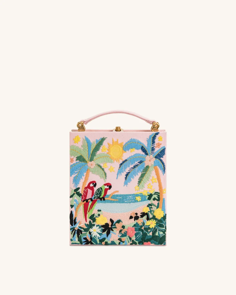 Taya Clutch-Tasche in Buchform mit tropischem Papageienmuster – Rosa