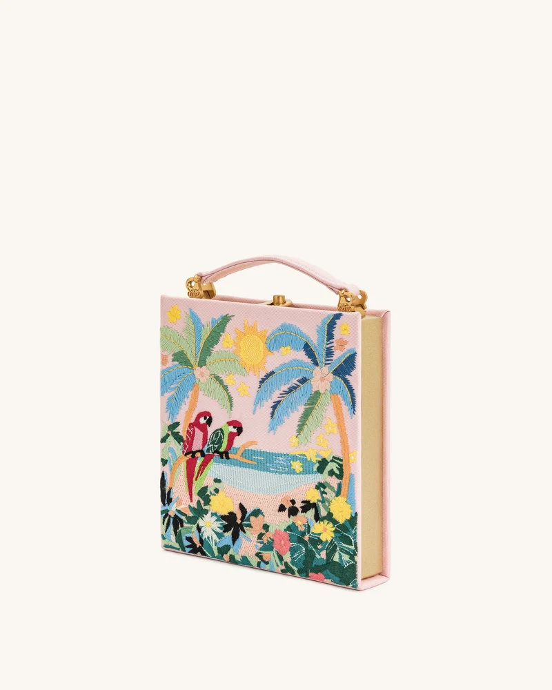 Taya Clutch-Tasche in Buchform mit tropischem Papageienmuster – Rosa
