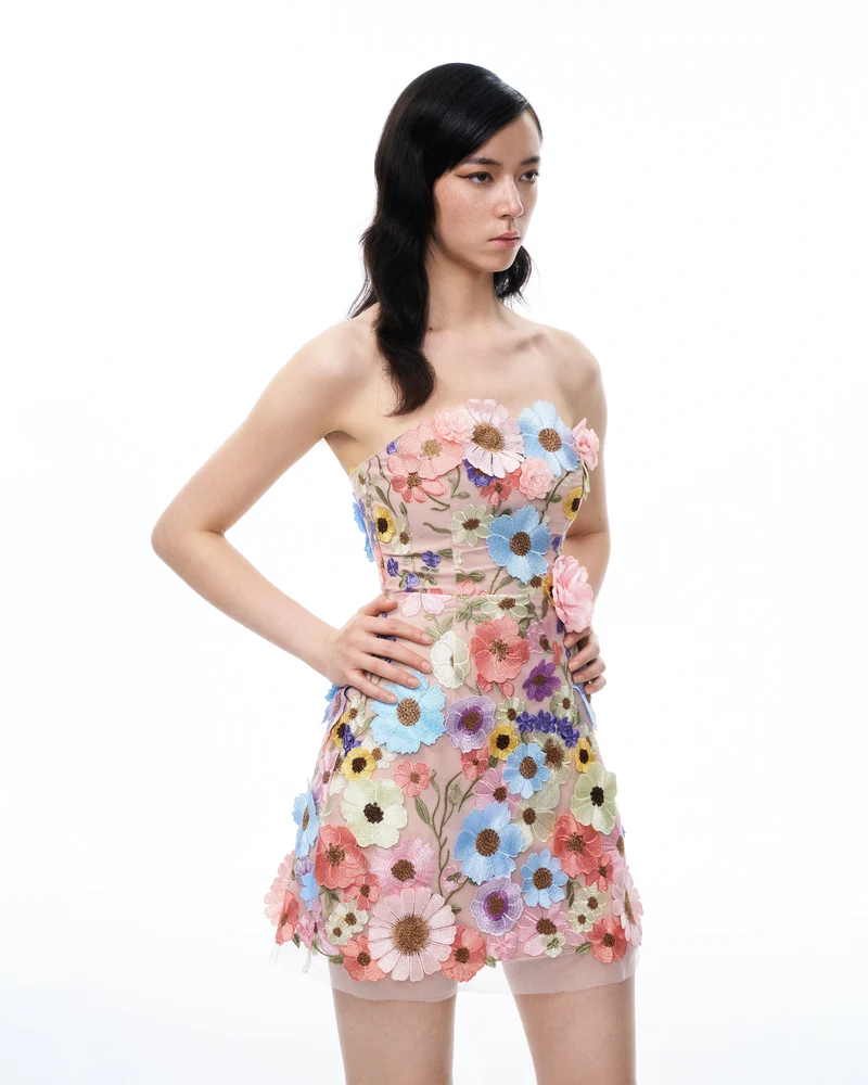 Odalys Besticktes Minikleid mit Blumen – Pastellfarben Mehrfarbig