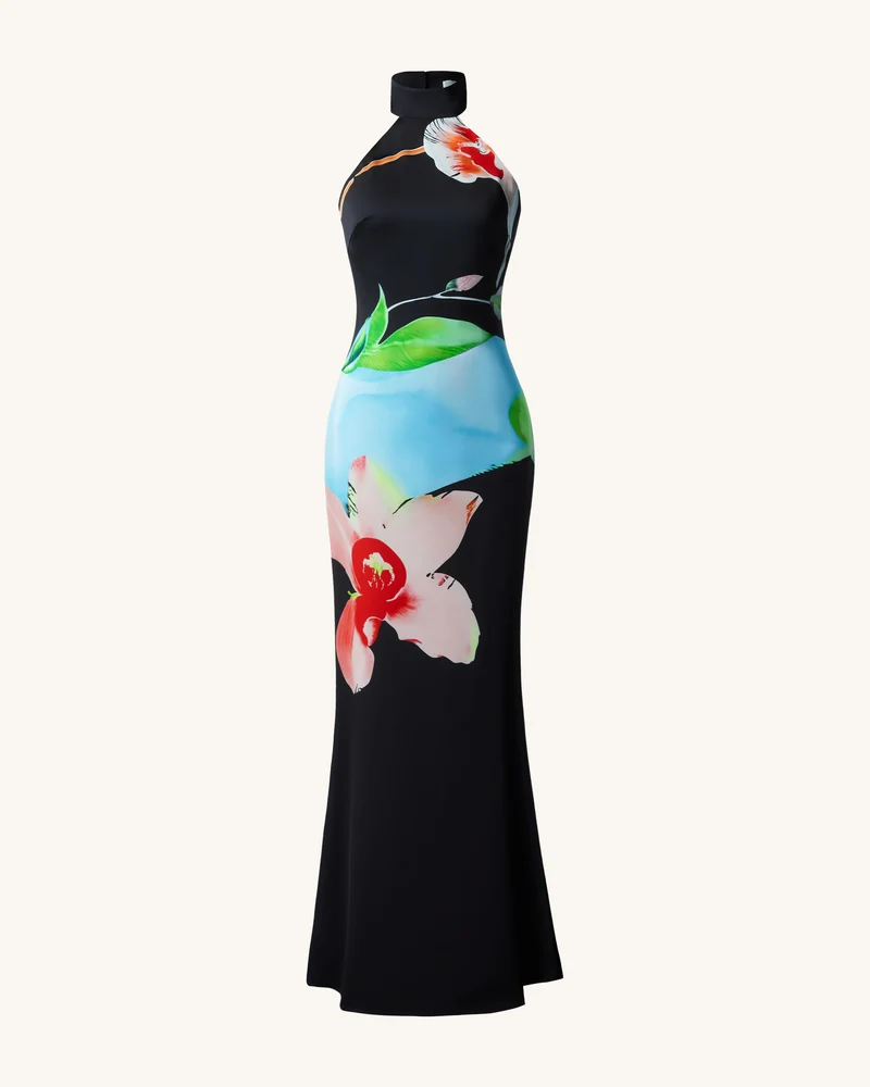Satinkleid mit Blumenmuster und Neckholder – Schwarz Multicolor