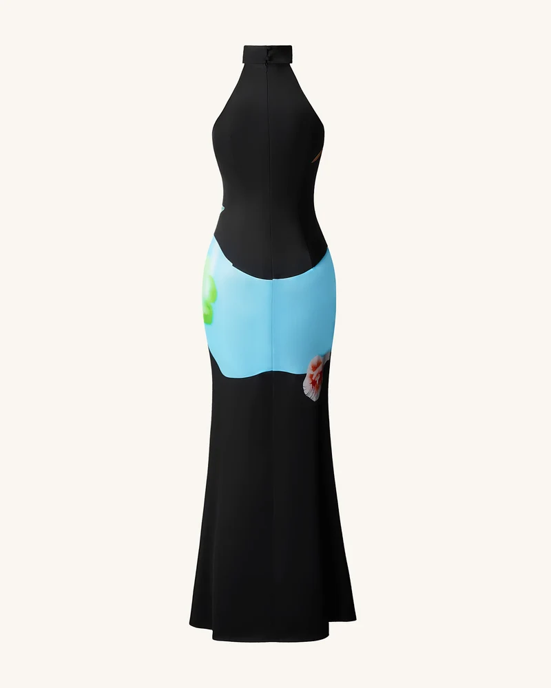 Satinkleid mit Blumenmuster und Neckholder – Schwarz Multicolor