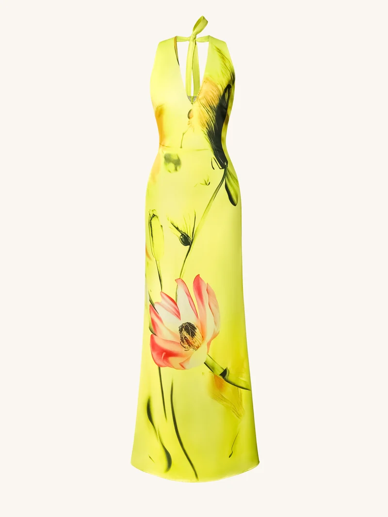 Satinkleid mit Blumenmuster und Neckholder – Gelb/Pink