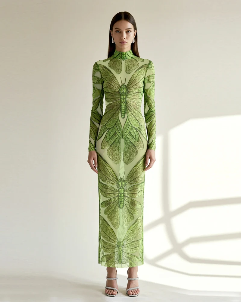 Smaragdgrünes Libellenkleid aus Mesh – Grün