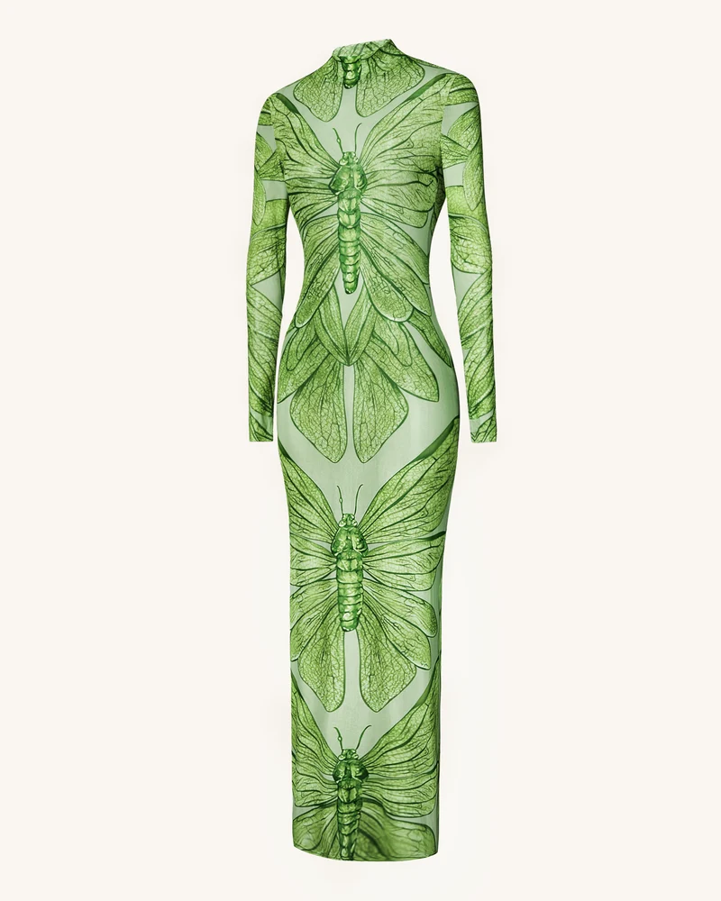Smaragdgrünes Libellenkleid aus Mesh – Grün