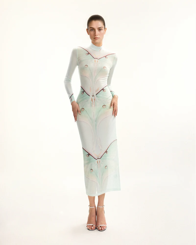 Moth Mesh-Abendkleid – Grün/Beige