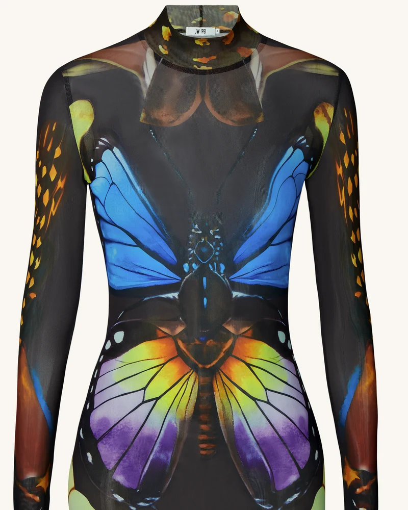 Schmetterlings-Mesh-Maxikleid – Mehrfarbig