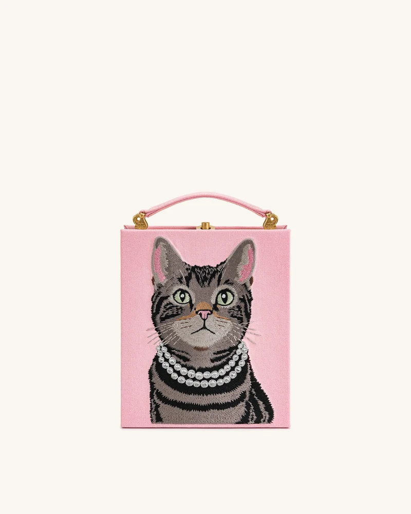 Taya Buchförmige Clutch mit Tabbykatzen-Muster – Rosa