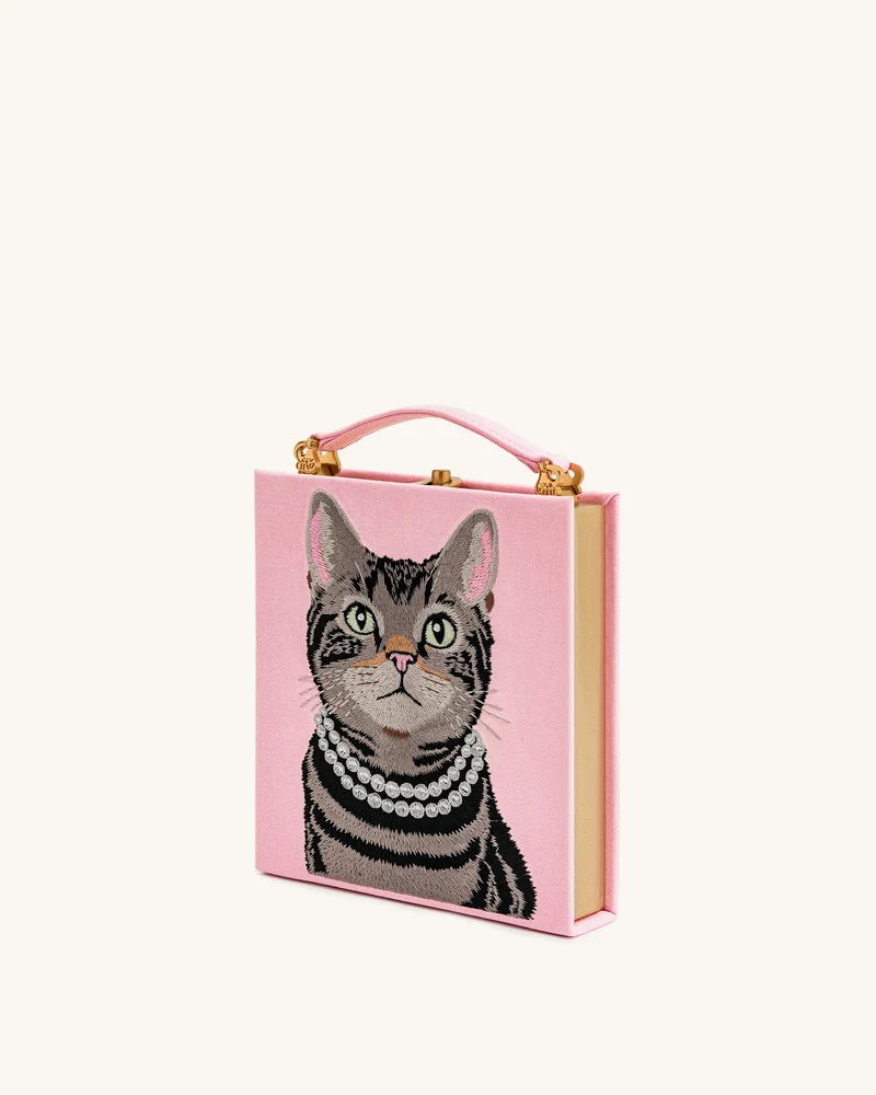 Taya Buchförmige Clutch mit Tabbykatzen-Muster – Rosa