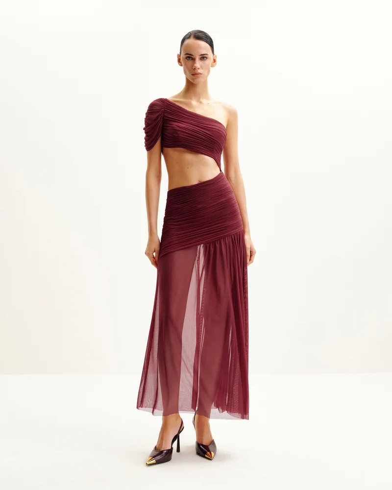 Mia Plissiertes Meshkleid - Burgunderrot