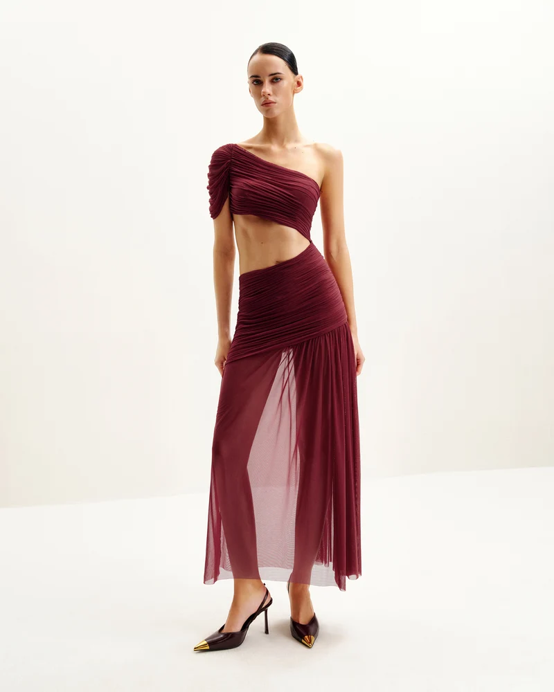 Mia Plissiertes Meshkleid - Burgunderrot