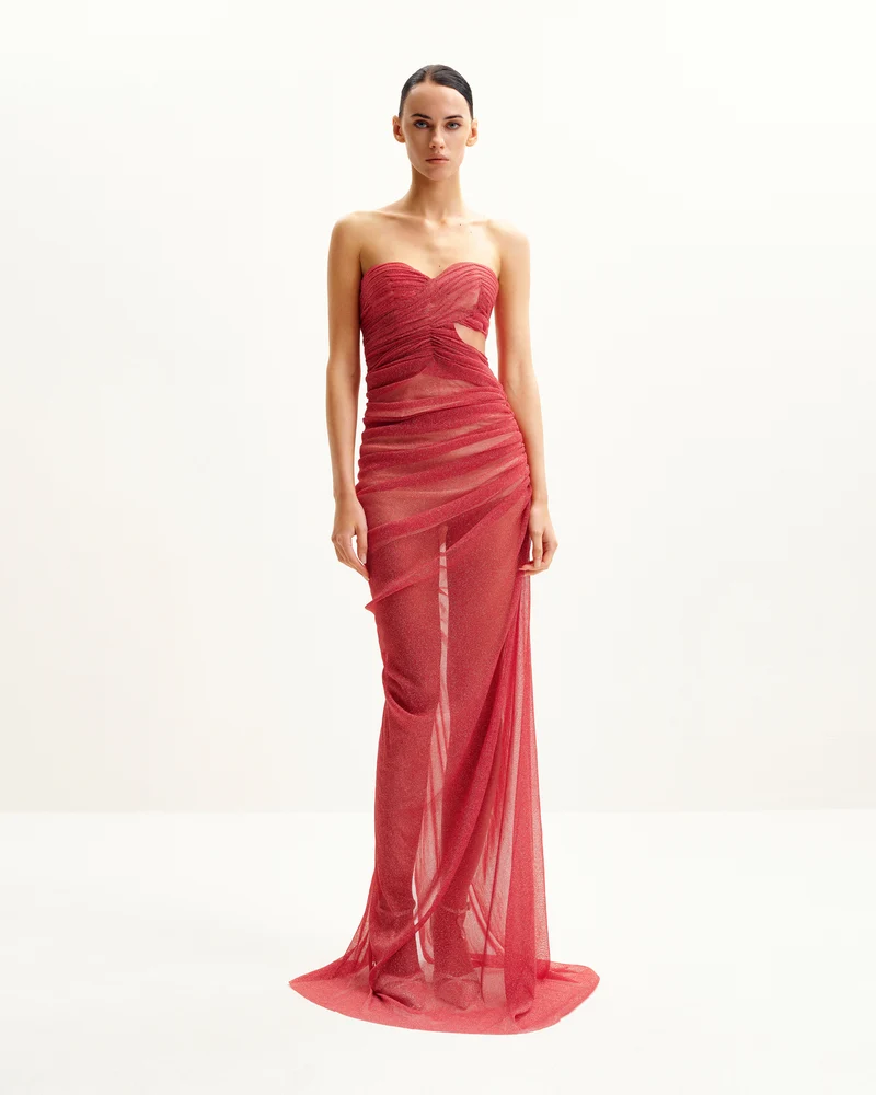 Mia Trägerloses Transparente Glitzerkleid - Scharlachrot
