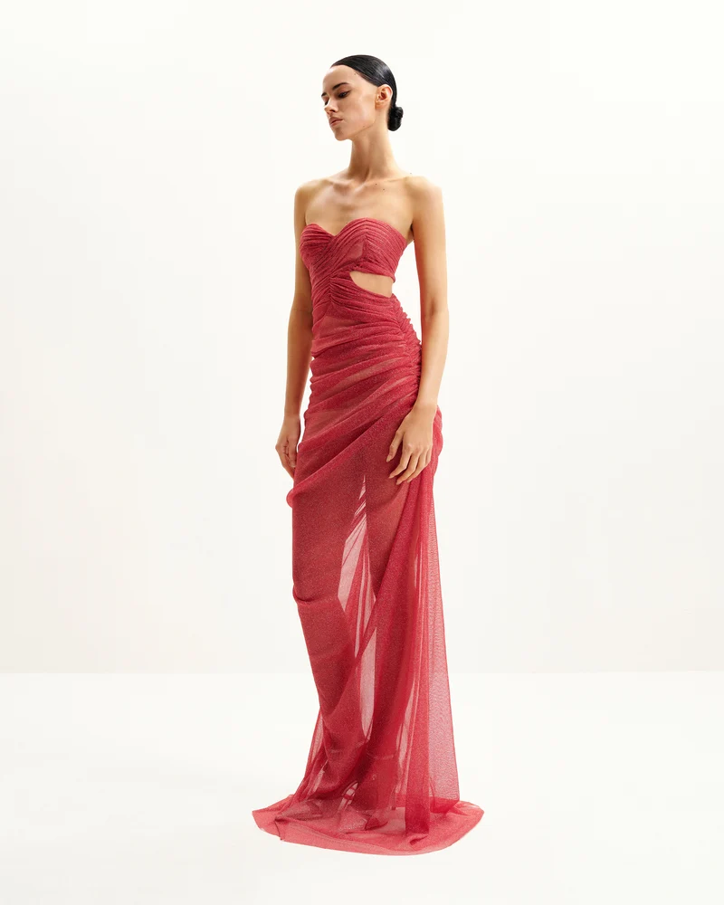 Mia Trägerloses Transparente Glitzerkleid - Scharlachrot