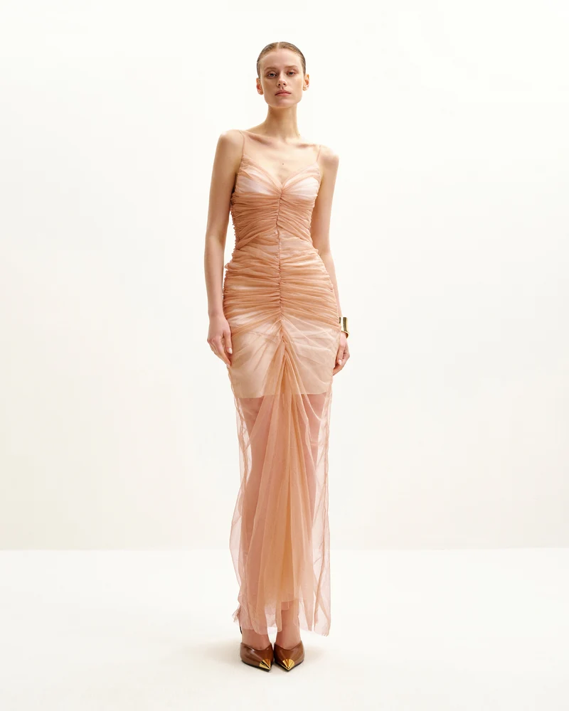 Piper Drapiertes Mesh-Abendkleid - Zimt