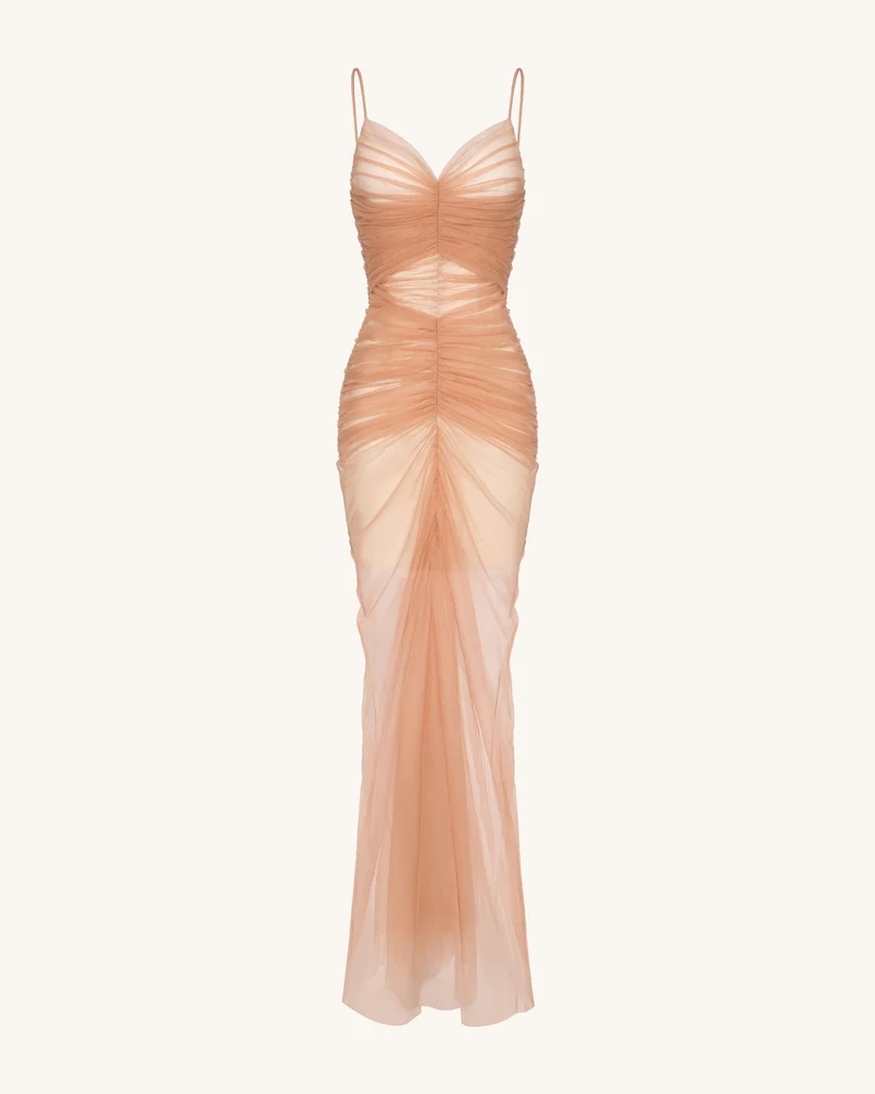 Piper Drapiertes Mesh-Abendkleid - Zimt