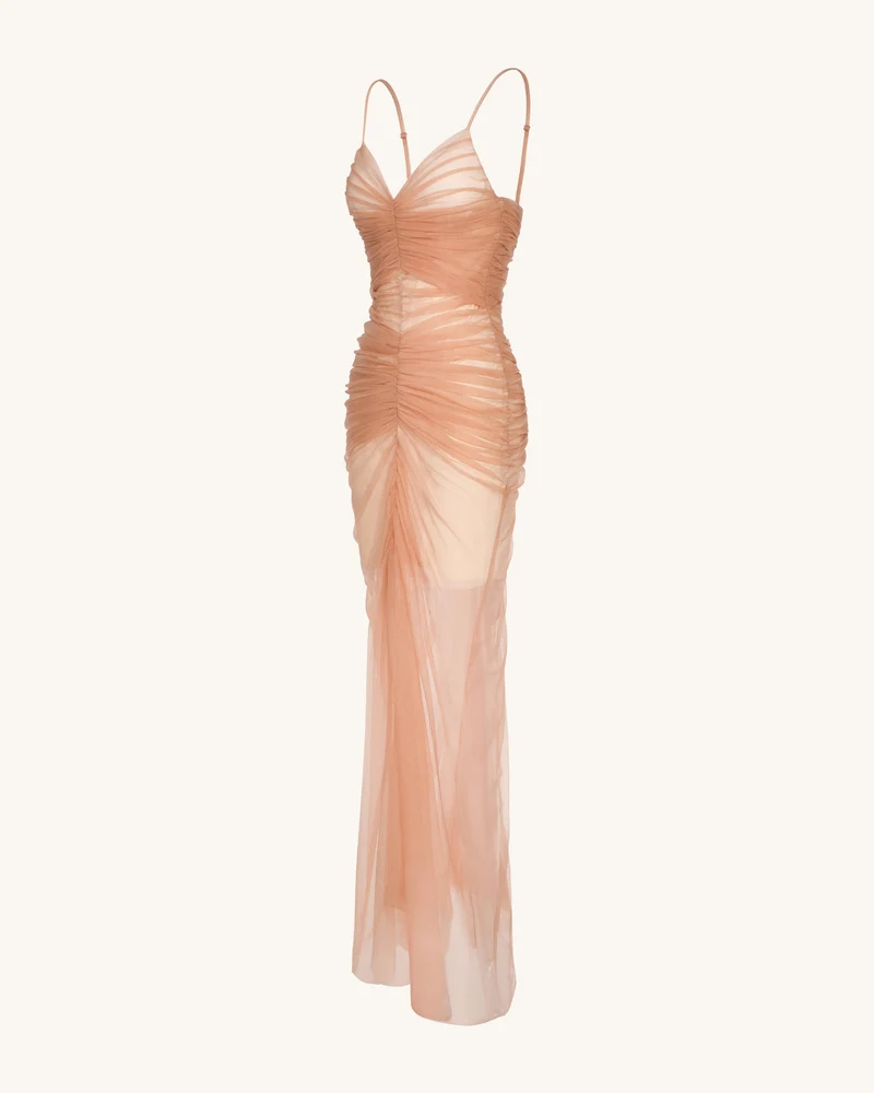 Piper Drapiertes Mesh-Abendkleid - Zimt