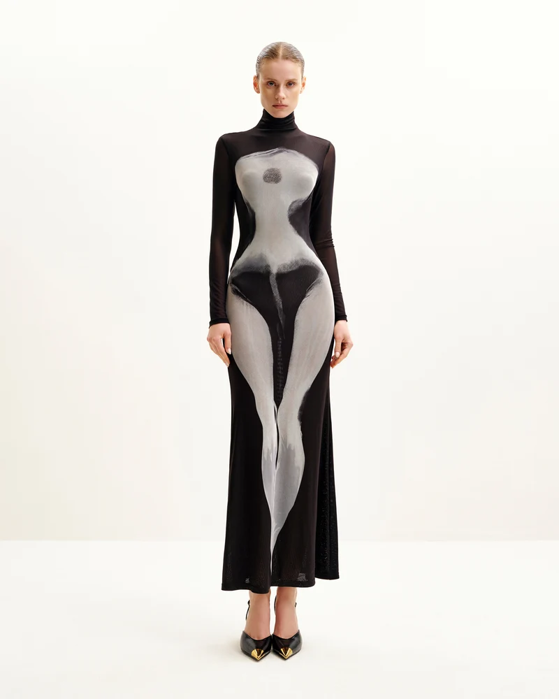 Eva Body-Print-Meshkleid - Schwarz und Weiß
