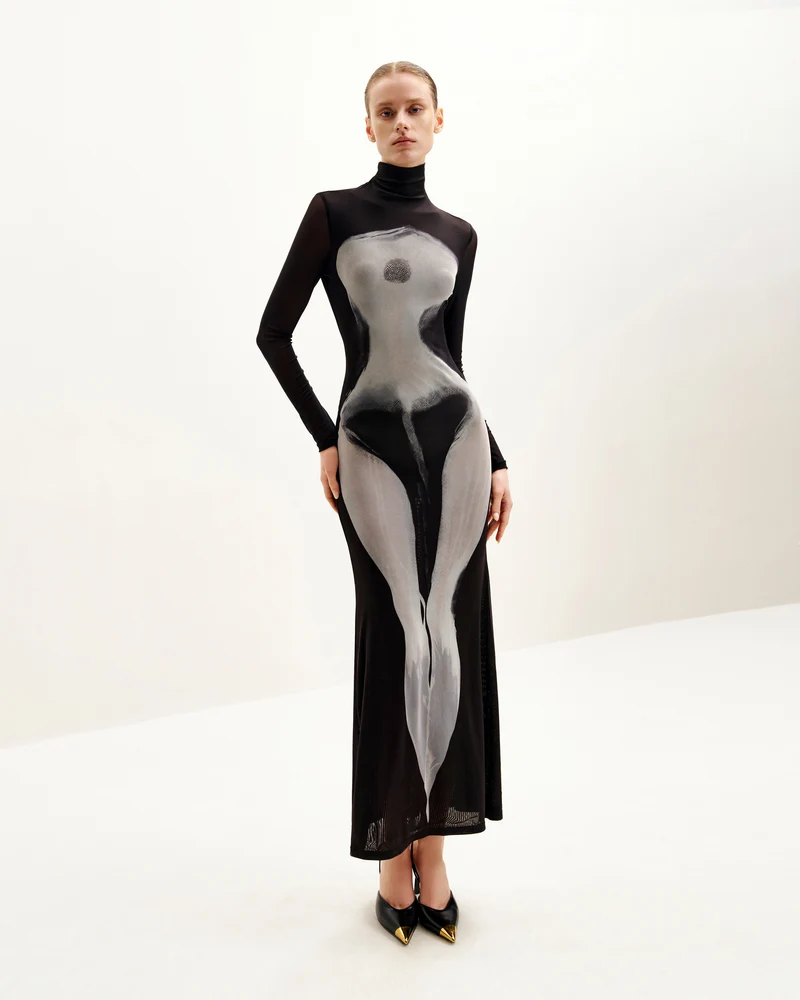 Eva Body-Print-Meshkleid - Schwarz und Weiß