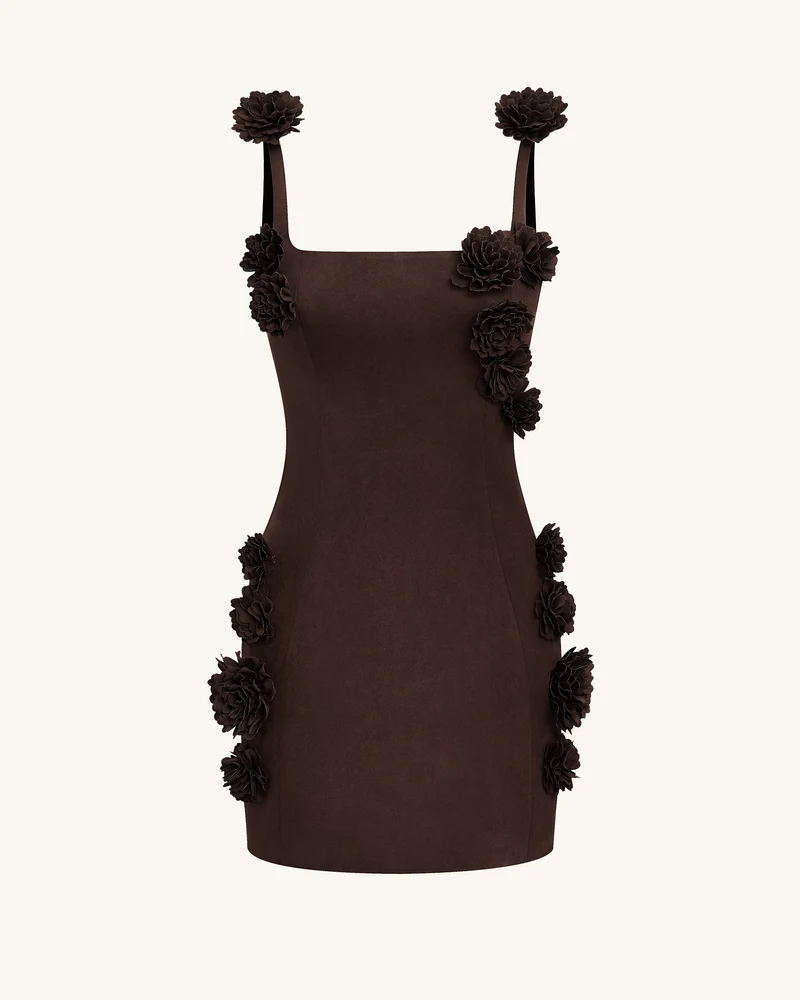 Elaina Mini-Kleid mit Rosetten-Applikation – Schokoladenbraun