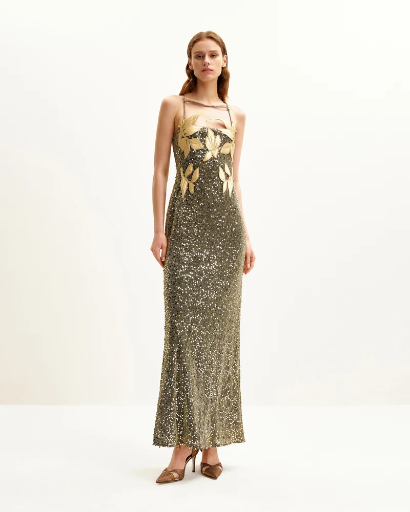 Araminta Paillettenkleid mit floralen Details - Gold