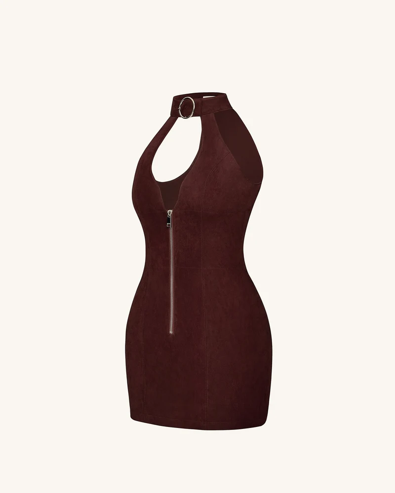 Ruby Neckholder-Minikleid mit Reißverschluss - Kaffee-Rot
