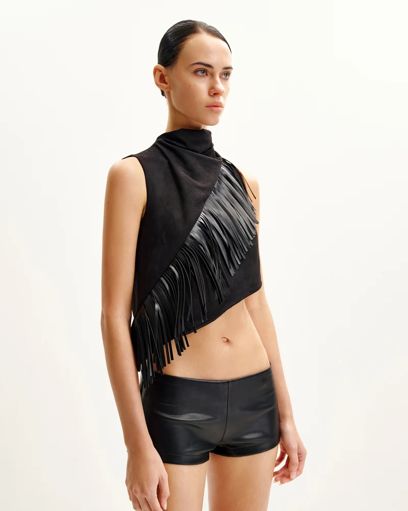 Adeline Asymmetrisches Fransen-Suede-Top - Schwarz