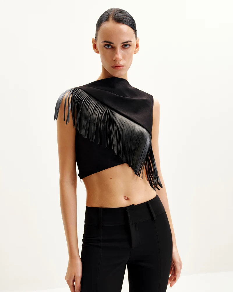 Ariana Asymmetrisches Fransen-Suede-Top - Schwarz