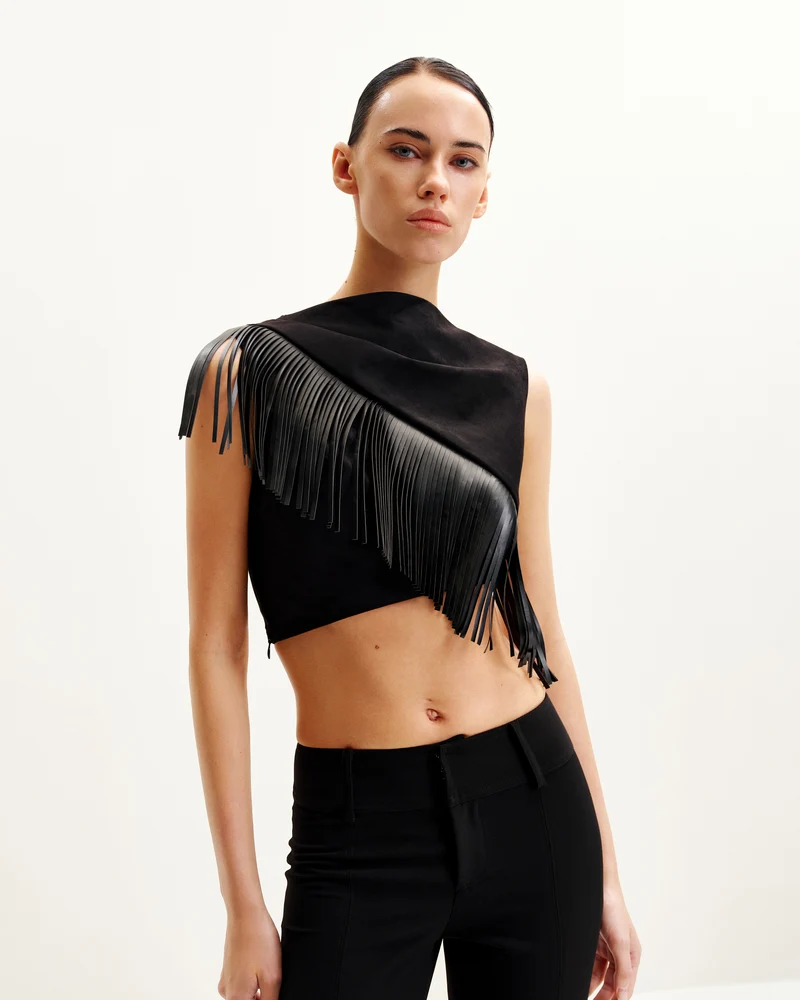 Ariana Asymmetrisches Fransen-Suede-Top - Schwarz