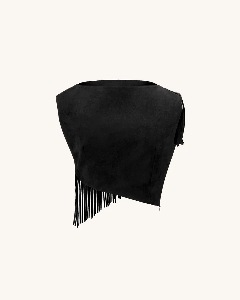 Ariana Asymmetrisches Fransen-Suede-Top - Schwarz